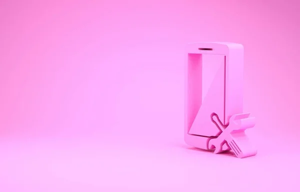 Smartphone rosa com chave de fenda e ícone de chave de fenda isolado no fundo rosa. Ajuste, serviço, configuração, manutenção, reparação, fixação. Conceito de minimalismo. 3D ilustração 3D render — Fotografia de Stock