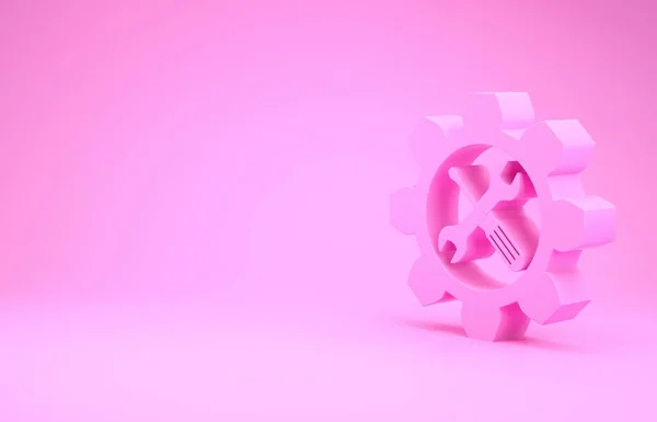 Rosafarbenes Wartungssymbol - Schraubenschlüssel und Schraubenzieher im Schaltwerk-Symbol isoliert auf rosa Hintergrund. Service-Tool-Symbol. Minimalismus-Konzept. 3D Illustration 3D Renderer — Stockfoto