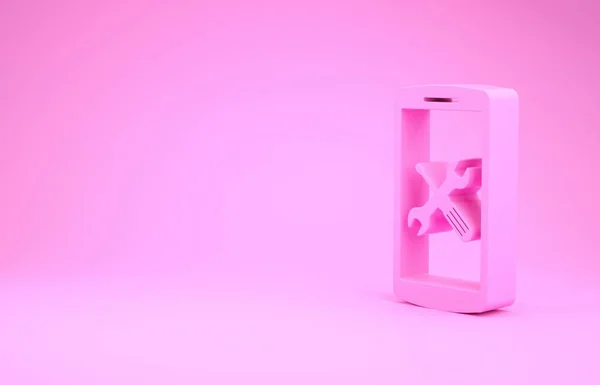 Smartphone rose avec tournevis et icône clé isolée sur fond rose. Réglage, entretien, réglage, entretien, réparation, fixation. Concept de minimalisme. Illustration 3D rendu 3D — Photo
