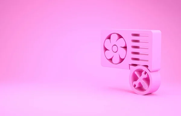 Рожевий кондиціонер з викруткою та значком ключа ізольовано на рожевому фоні. Налаштування, обслуговування, налаштування, обслуговування, ремонт, виправлення. Концепція мінімалізму. 3D ілюстрація 3D рендеринга — стокове фото