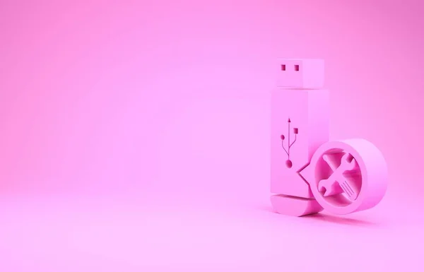 Rosa USB-Stick mit Schraubenzieher und Schraubenschlüssel Symbol isoliert auf rosa Hintergrund. Anpassung, Service, Einstellung, Wartung, Reparatur, Reparatur. Minimalismus-Konzept. 3D Illustration 3D Renderer — Stockfoto