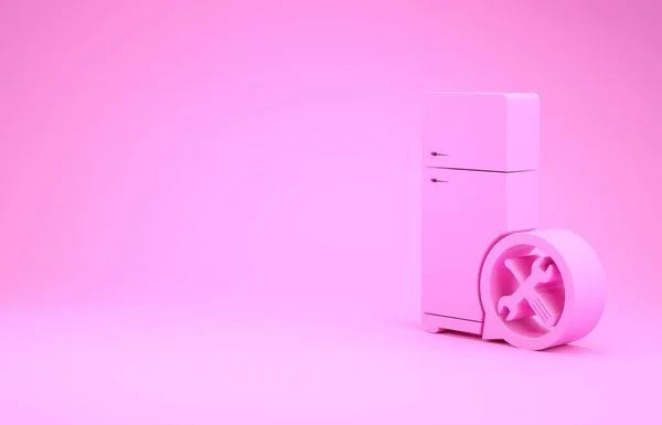 Розовый холодильник с отверткой и иконкой гаечного ключа изолированы на розовом фоне. Регулировка, обслуживание, настройка, обслуживание, ремонт, фиксация. Концепция минимализма. 3D-рендеринг — стоковое фото