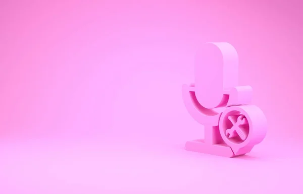 Розовый микрофон с отвёрткой и значком гаечного ключа изолирован на розовом фоне. Регулировка, обслуживание, настройка, обслуживание, ремонт, фиксация. Концепция минимализма. 3D-рендеринг — стоковое фото