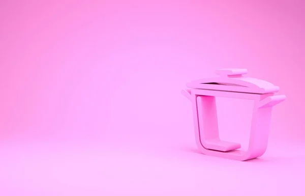 Pinkfarbenes Kochtopfsymbol auf rosa Hintergrund. Kochen oder schmoren Lebensmittel Symbol. Minimalismus-Konzept. 3D Illustration 3D Renderer — Stockfoto