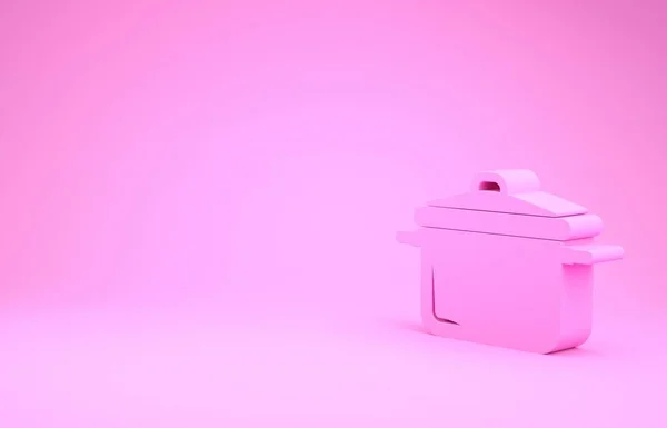 Pinkfarbenes Kochtopfsymbol auf rosa Hintergrund. Kochen oder schmoren Lebensmittel Symbol. Minimalismus-Konzept. 3D Illustration 3D Renderer — Stockfoto