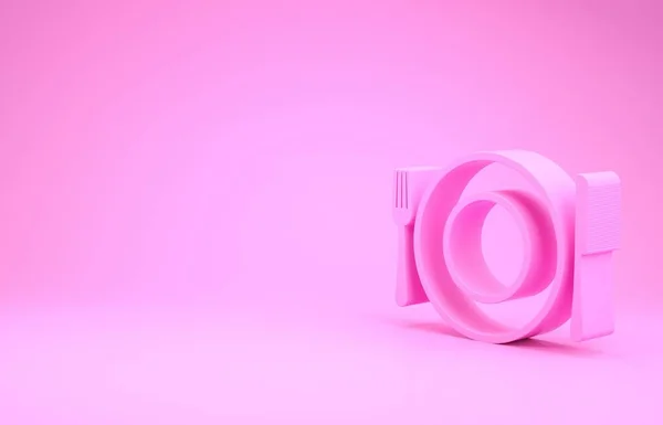 Placa rosa, tenedor y cuchillo icono aislado sobre fondo rosa. Símbolo de cubertería. Signo del restaurante. Concepto minimalista. 3D ilustración 3D render — Foto de Stock