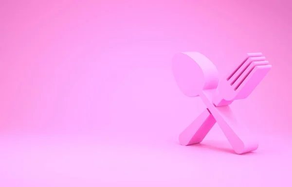 Pink Crossed tenedor y cuchara icono aislado sobre fondo rosa. Utensil de cocina. Signo de cubertería. Concepto minimalista. 3D ilustración 3D render — Foto de Stock