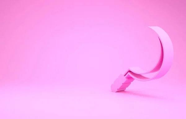 Розовый серп значок изолирован на розовом фоне. Жатва на крючке. Концепция минимализма. 3D-рендеринг — стоковое фото