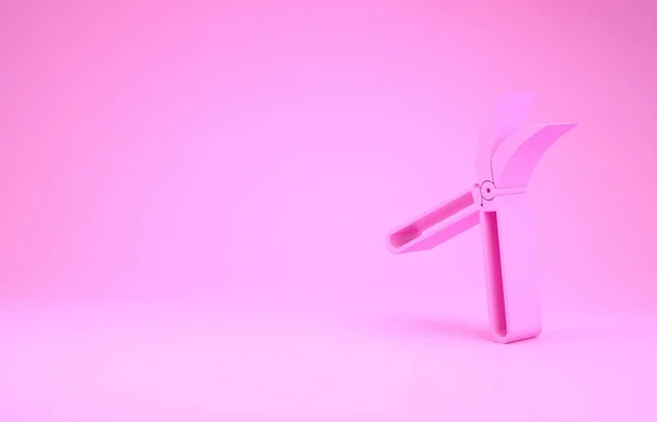 Розовые садовые ножницы ручной работы для триколора на розовом фоне. Обрезка ножниц с деревянными ручками. Концепция минимализма. 3D-рендеринг — стоковое фото