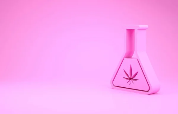 粉色化学试管与大麻或大麻叶图标分离的粉红色背景。 研究概念。 实验室Cbd石油概念。 最低纲领的概念。 3d说明3d — 图库照片