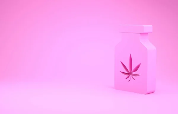 Botella Pink Medical con marihuana o icono de hoja de cannabis aislado sobre fondo rosa. Simulación de extractos de aceite de cannabis en frascos. Concepto minimalista. 3D ilustración 3D render —  Fotos de Stock