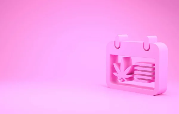 Roze Kalender en marihuana of cannabisblad pictogram geïsoleerd op roze achtergrond. Nationale wiet dag. Hennep symbool. Minimalisme concept. 3d illustratie 3d renderen — Stockfoto