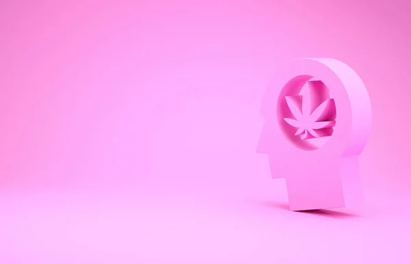 Silhueta rosa de cabeça masculina em perfil com maconha ou ícone de folha de cannabis isolado em fundo rosa. Legalização da marijuana. Símbolo de cânhamo. Conceito de minimalismo. 3D ilustração 3D render — Fotografia de Stock