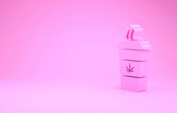 Café Pink Cup com maconha ou ícone de folha de cannabis isolado no fundo rosa. Legalização da marijuana. Símbolo de cânhamo. Conceito de minimalismo. 3D ilustração 3D render — Fotografia de Stock