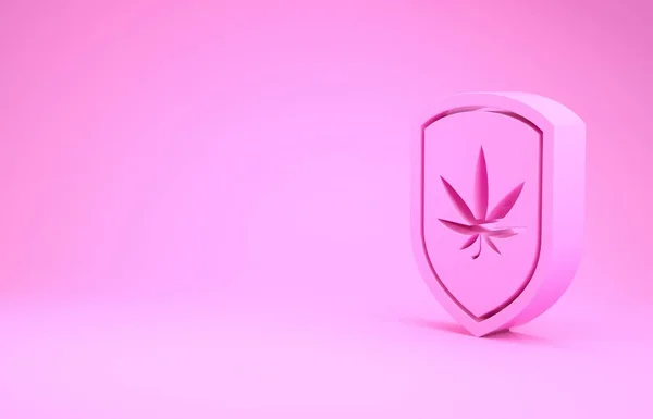 Rosa Scudo e marijuana o icona foglia di cannabis isolato su sfondo rosa. Legalizzazione della marijuana. Simbolo di canapa. Concetto minimalista. Illustrazione 3d rendering 3D — Foto Stock