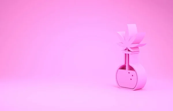 Tubo de teste químico rosa com ícone de folha de maconha ou cannabis isolado em fundo rosa. Conceito de pesquisa. Conceito de óleo CBD de laboratório. Conceito de minimalismo. 3D ilustração 3D render — Fotografia de Stock