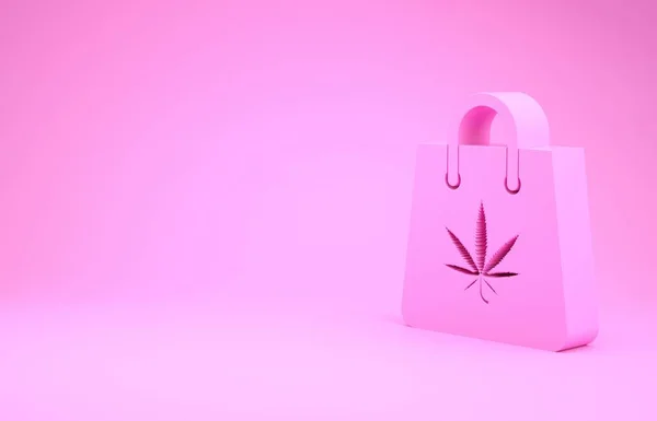 粉红色背景下的药用大麻或大麻叶图标粉色购物袋。 买大麻。 大麻的符号。 最低纲领的概念。 3d说明3d — 图库照片
