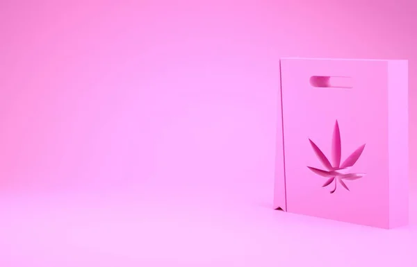 Rosa Einkaufstüte mit medizinischem Marihuana oder Cannabisblatt auf rosa Hintergrund. Cannabis kaufen. Hanf-Symbol. Minimalismus-Konzept. 3D Illustration 3D Renderer — Stockfoto