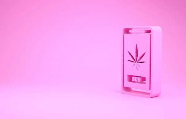 Rosafarbenes Mobiltelefon und medizinisches Marihuana oder Cannabisblatt auf rosa Hintergrund. Online-Kauf-Symbol. Supermarktkorb. Minimalismus-Konzept. 3D Illustration 3D Renderer — Stockfoto