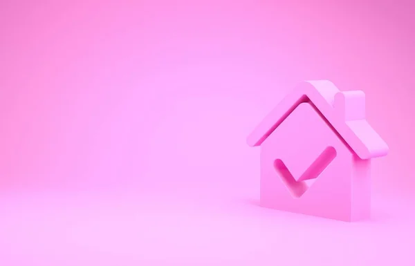 Casa Rosa con icono de marca de verificación aislado sobre fondo rosa. Agencia inmobiliaria o casa de campo clase elite ciudad. Concepto minimalista. 3D ilustración 3D render — Foto de Stock