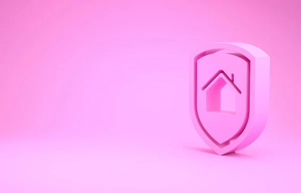 Casa Rosa bajo icono de protección aislado sobre fondo rosa. Hogar y escudo. Protección, seguridad, protección, concepto de defensa. Concepto minimalista. 3D ilustración 3D render — Foto de Stock