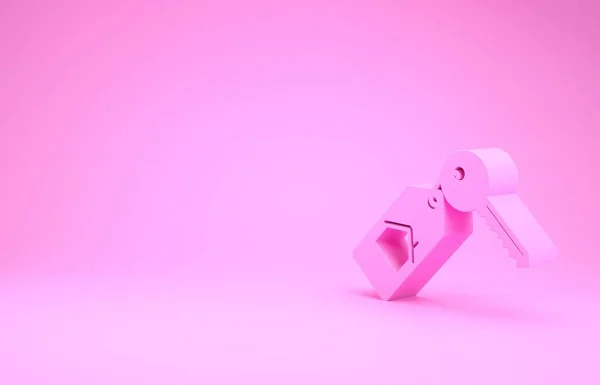 Casa Rosa con icono clave aislado sobre fondo rosa. El concepto de llave en mano de la casa. Concepto minimalista. 3D ilustración 3D render — Foto de Stock