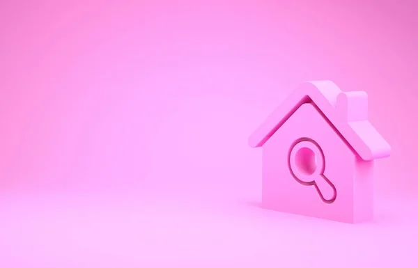 Pink Αναζήτηση σπίτι εικονίδιο απομονώνονται σε ροζ φόντο. Σύμβολο ακίνητης περιουσίας ενός σπιτιού υπό μεγεθυντικό φακό. Μινιμαλιστική έννοια. 3d απεικόνιση 3D καθιστούν — Φωτογραφία Αρχείου