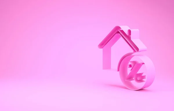 Pink House con percant icono de etiqueta de descuento aislado sobre fondo rosa. Casa porcentaje signo precio. Casa de bienes raíces. Porcentaje de crédito. Concepto minimalista. 3D ilustración 3D render — Foto de Stock