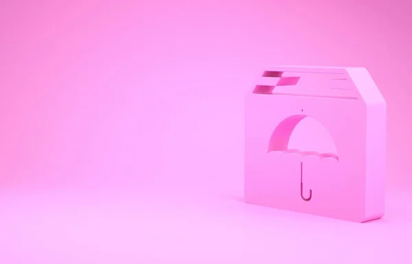 Пакет Рожева доставка з символом парасольки ізольовано на рожевому фоні. Картонна коробка з парасолькою. Логістика та доставка. Концепція мінімалізму. 3D ілюстрація 3D рендеринга — стокове фото