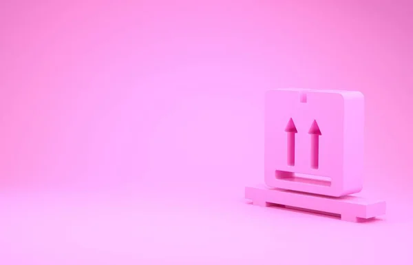 Ροζ Χάρτινα κουτιά σε εικονίδιο παλέτας που απομονώνονται σε ροζ φόντο. Κλειστό κουτί συσκευασίας παράδοσης χαρτοκιβωτίων με εύθραυστα σημεία. Μινιμαλιστική έννοια. 3D απεικόνιση 3d καθιστούν — Φωτογραφία Αρχείου