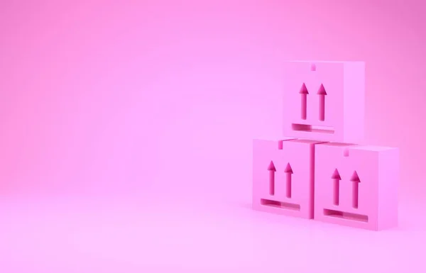 Рожева картонна коробка з символом руху ізольована на рожевому фоні. Коробка, пакунок, знак посилки. Доставка, перевезення та доставка. Концепція мінімалізму. 3D ілюстрація 3D рендеринга — стокове фото
