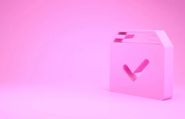 Pink Package box with check mark icon isolated on pink background. Parcel box with checkmark. Approved delivery or successful package receipt. Minimalism concept. 3d illustration 3D render