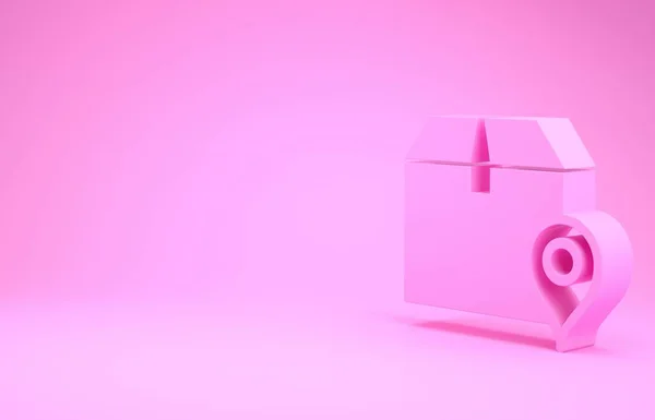 Ubicación rosa con icono de caja de cartón aislado sobre fondo rosa. Servicios de entrega, logística y transporte, reubicación, distribución. Concepto minimalista. 3D ilustración 3D render —  Fotos de Stock