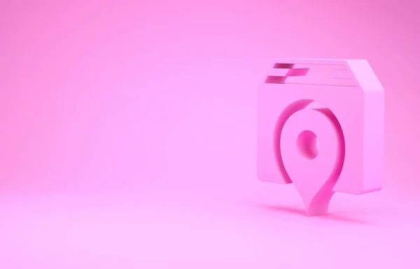 Rosa Standort mit Pappkartonsymbol isoliert auf rosa Hintergrund. Lieferdienste, Logistik und Transport, Verlagerung, Verteilung. Minimalismus-Konzept. 3D Illustration 3D Renderer — Stockfoto