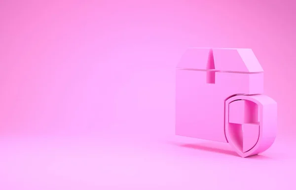 Розовый пакет Доставка символ безопасности с значком щита изолированы на розовом фоне. Страховка доставки. Застрахованные картонные коробки за щитом. Концепция минимализма. 3D-рендеринг — стоковое фото