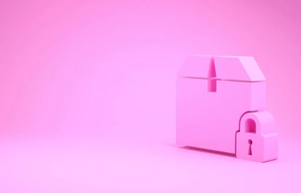Rózsaszín zár csomag ikon elszigetelt rózsaszín háttér. Zár és kartondoboz. Minimalizmus koncepció. 3d illusztráció 3d render — Stock Fotó