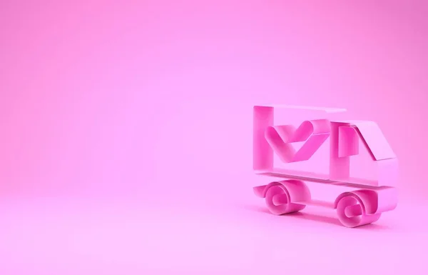 Розовый грузовик Доставка с галочкой значок изолирован на розовом фоне. Концепция минимализма. 3D-рендеринг — стоковое фото
