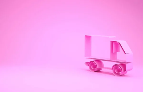 Ροζ παράδοση φορτηγό φορτηγό όχημα εικονίδιο απομονώνονται σε ροζ φόντο. Μινιμαλιστική έννοια. 3d απεικόνιση 3D καθιστούν — Φωτογραφία Αρχείου