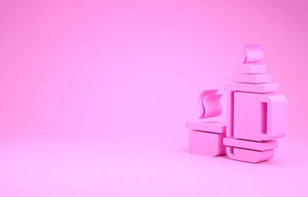 Ícone de contêiner rosa Thermos isolado no fundo rosa. Ícone de garrafa térmica. Equipamento de campismo e caminhadas. Conceito de minimalismo. 3D ilustração 3D render — Fotografia de Stock