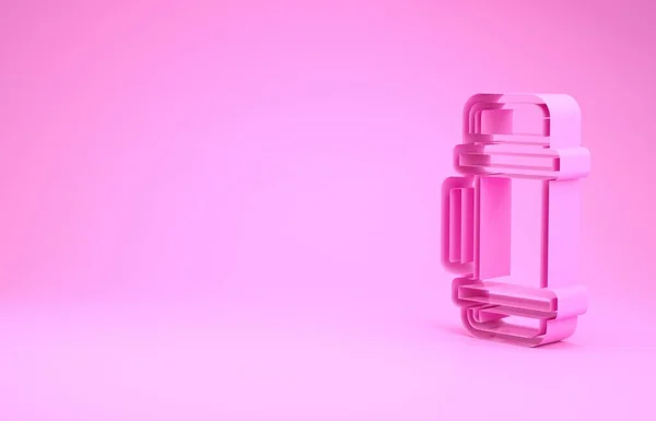 Розовый термос контейнер значок изолирован на розовом фоне. Значок термофляжки. Оборудование для кемпинга и походов. Концепция минимализма. 3D-рендеринг — стоковое фото