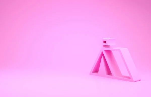 Ροζ Τουριστική σκηνή με εικονίδιο σημαία απομονώνονται σε ροζ φόντο. Σύμβολο κάμπινγκ. Μινιμαλιστική έννοια. 3D απεικόνιση 3d καθιστούν — Φωτογραφία Αρχείου