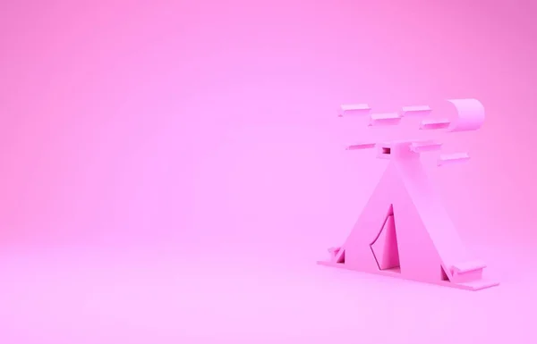 Рожевий туристичний намет з значком прапора ізольований на рожевому фоні. Символ кемпінгу. Концепція мінімалізму. 3D ілюстрація 3D рендеринга — стокове фото