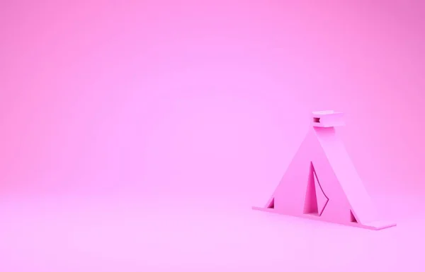 Tenda turística rosa com ícone de bandeira isolado no fundo rosa. Símbolo de acampamento. Conceito de minimalismo. 3D ilustração 3D render — Fotografia de Stock