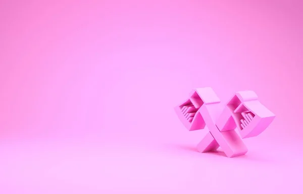 Ícone de machado de madeira cruzado rosa isolado em fundo rosa. Machado de lenhador. Conceito de minimalismo. 3D ilustração 3D render — Fotografia de Stock