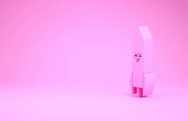 Ícone de foguete Pink Biohazard isolado no fundo rosa. Uma bomba voa para baixo. Conceito de minimalismo. 3D ilustração 3D render — Fotografia de Stock