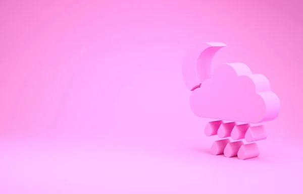 Rosa Wolke mit Regen und Mond Ikone isoliert auf rosa Hintergrund. Regenwolken Niederschlag mit Regentropfen. Minimalismus-Konzept. 3D Illustration 3D Renderer — Stockfoto