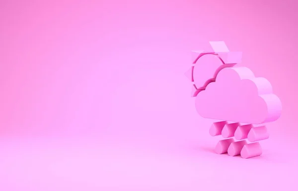 Pink Cloud with rain and sun icon isolated on pink background. Rain cloud precipitation with rain drops. Minimalism concept. 3d illustration 3D render