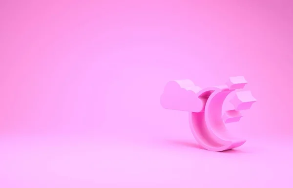 Nuage rose avec icône lune et étoiles isolé sur fond rose. Panneau de nuit nuageux. Le symbole des rêves endormis. Signe de nuit ou heure du coucher. Concept de minimalisme. Illustration 3D rendu 3D — Photo