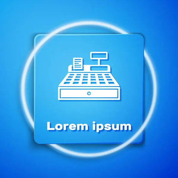 Білий касовий апарат з значком чеку ізольовано на синьому фоні. Касовий знак. Символ касового апарату. Блакитна квадратна кнопка. Векторна ілюстрація — стоковий вектор