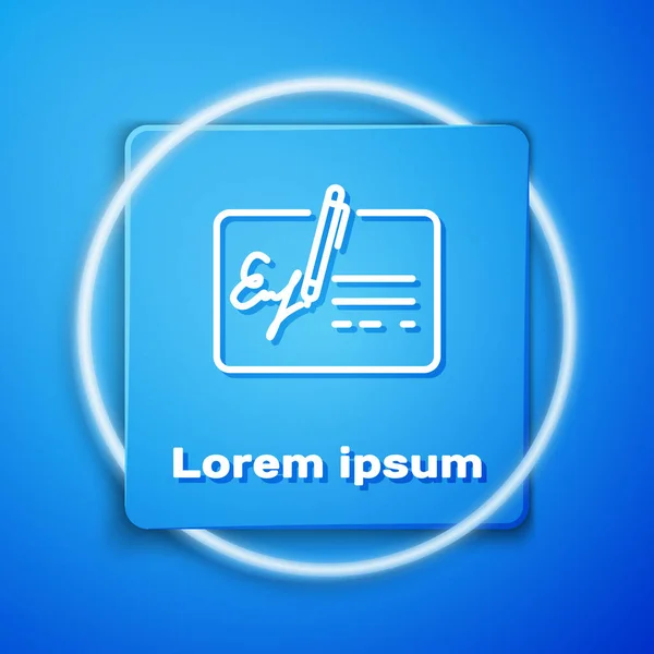 Значок строки документа с белой подписью изолирован на синем фоне. Ручка подписывает контракт с подписью. Редактируйте знак документа. Синяя квадратная кнопка. Векторная миграция — стоковый вектор